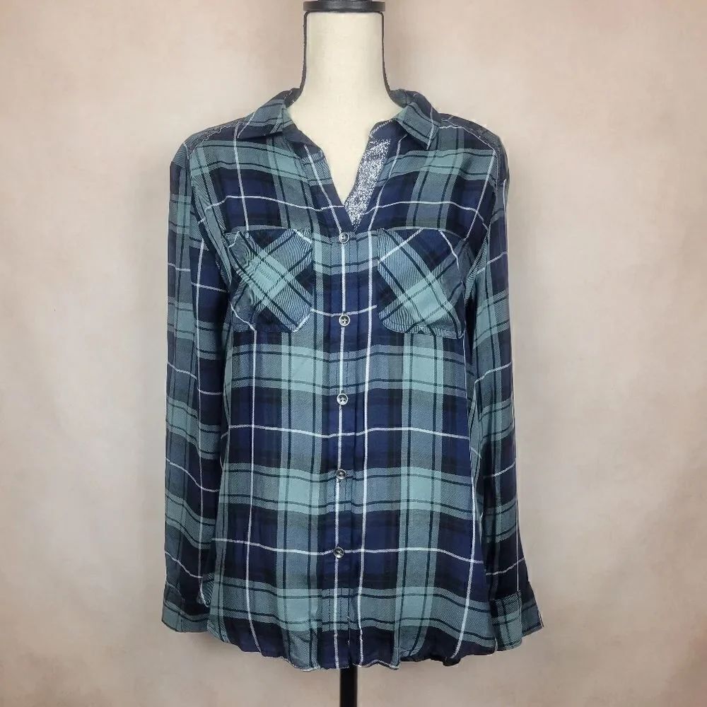 Rock and Republic Green Blue Long Sleeve Button Down Shirt Glitter Details Med